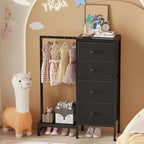 HIGDBFE Dresser with Hanging Rack, 4 Drawers Small Closet for Bedroom, Reversible Fabric Kids Chest of Drawers with Clothes Rack, Tall Storage Tower, Sturdy Frame, Black, 44''H - color: Black