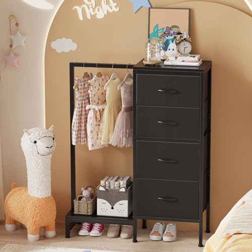 HIGDBFE Dresser with Hanging Rack, 4 Drawers Small Closet for Bedroom, Reversible Fabric Kids Chest of Drawers with Clothes Rack, Tall Storage Tower, Sturdy Frame, Black, 44''H - color: Black