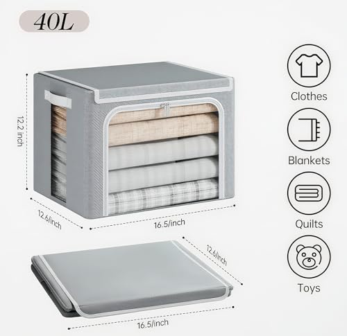 Yecaye Clothes Storage Bins with Metal Frame, Foldable Clothing Storage Bin with Lid, Stackable Oxford Fabric Organizer Box With Clear Window & Zippers & PU Leather Handles (6 Pack,Grey,40L) - color: Grey, size: Medium(6 Pack)
