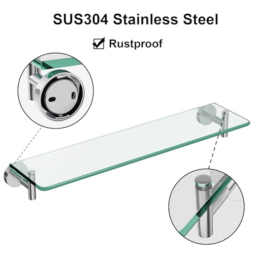 Glass Shelves for Bathroom,16-Inch Chrome Polished Floating Bathroom Shelf Stainless Steel Tempered Glass Shelf Modern Shelves Wall Mounted - color: Chrome Polished, size: 16"without railing