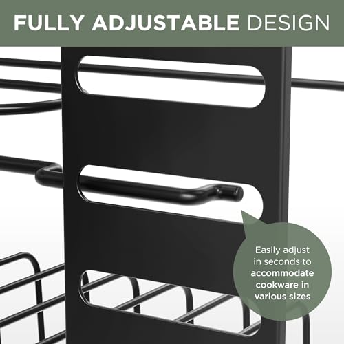 7-Tier Pots and Pans Organizer Under Cabinet - Cooking Pot Lid Organizer for Cabinet with Basket for Utensils, Lid Rack - Adjustable Vertical Holder Cookware Storage, Steel Pot Rack for Kitchen