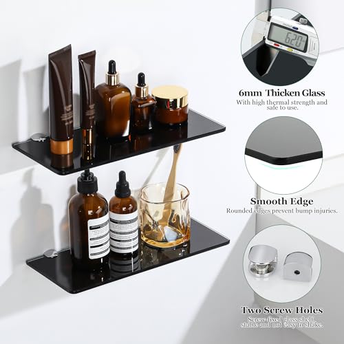 SAYAYO Glass Floating Shelves for Wall, Tempered Glass Shelves for Bathroom, Living Room, Bedroom, Office, Toilet, Kitchen Decor, 12 Inch Set of 2, Black - color: Black, size: 2 PCS
