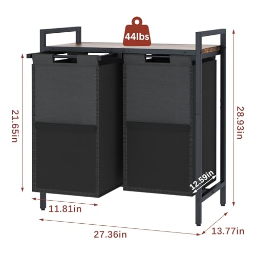 Huhote Laundry Hamper, double Laundry Basket, Laundry Sorter with Top Shelf & 2 Removable Washable Bags & Side Pockets for Laundry Room organization, Bathroom and Dorm, Rustic Brown and Black - color: 2 bags-Black