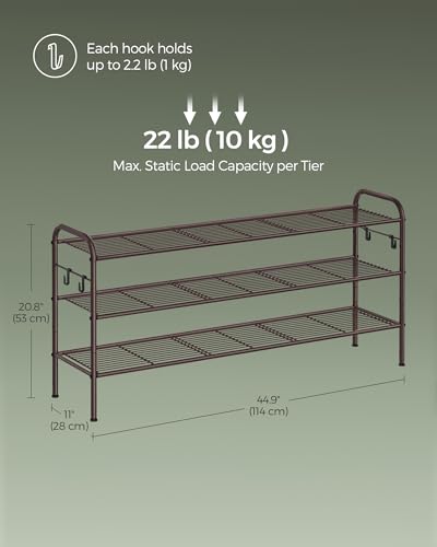 SONGMICS Shoe Rack, 3-Tier Shoe Organizer, Metal Shoe Shelf Storage with 4 Side Hooks, Holds 18 Pairs of Shoes, Height-Adjustable Shoe Rack for Entryway, Hallway, Closet, Chestnut Brown ULMR131A01 - color: Chestnut Brown, size: 3 Tiers (44.9"W)