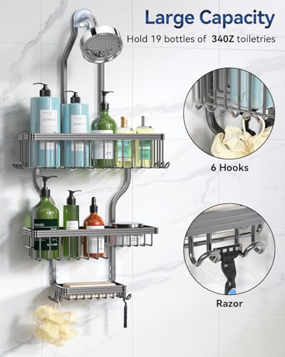 YASONIC Shower Caddy Hanging - Never Rust Organizer - Aluminum over The head caddy with 10 Hooks for Razor/Sponge - Shower Rack with Soap Basket - Grey - color: Grey