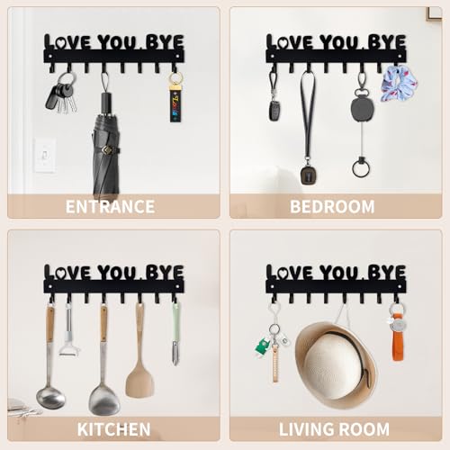 Key Holder for Wall, Key Hooks with 8 Hooks, Key Holder Wall Mount Self Adhesive, Key Rack for Wall No Drill for Entryway, Front Door, Hallway, Living Room (Black-Love You Bye)