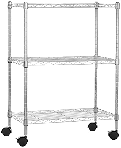 Amazon Basics 3-Shelf Heavy Duty Adjustable Wire Shelving Storage Rack on 2" PP Plastic Wheel Casters, Steel Utility Shelving Unit for Garage and Laundry Room, 23.2" x 13.4" x 32.75", Chrome - color: Chrome