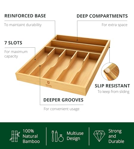 ROYAL CRAFT WOOD Luxury Bamboo Utensil Rack and Silverware Organizer, Kitchen Drawer Organizer - Utensil Holder and Cutlery Tray with Grooved Drawer Dividers for Flatware 7 Slot, Natural - color: Natural, size: 7 Slot
