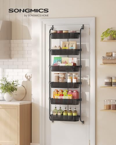 SONGMICS Over the Door Pantry Organizer, 6-Tier Kitchen Pantry Door Organizer with Adjustable Tall Baskets, Hanging Spice Rack, for Bedroom Bathroom Laundry Room, Transparent Black UKCS046BH01 - color: Transparent Black