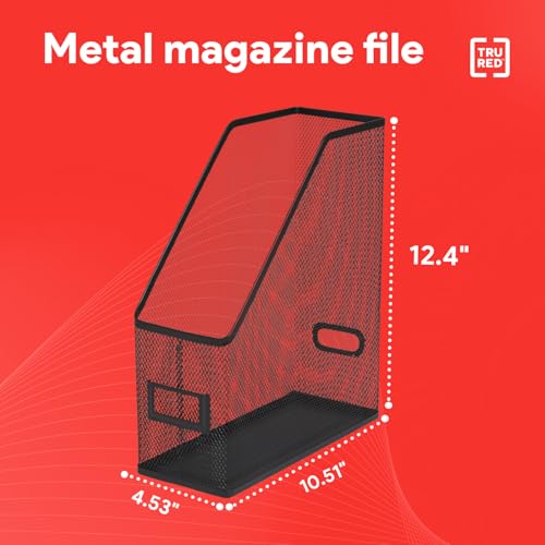 TRU RED Metal Magazine File Organizer, Black – Top‑Loading Desktop File Holder with Handle, Holds Up to 1000 Sheets
