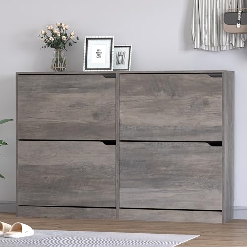 BORNOON Shoe Cabinet with 4 Flip Drawers, Narrow Hidden Shoe Storage Cabinet, Slim Freestanding Shoe Rack Organizer for Entryway, Hallway, Bedroom, Living Room - color: Grey, size: 4 Drawers