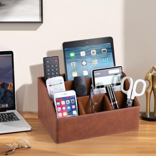 PU Leather Desk Organizer, Luxury Remote Control Holder for Home, Office Desk Accessories Table Caddy Bedside Nightstand Organizer (Brown) - color: Brown