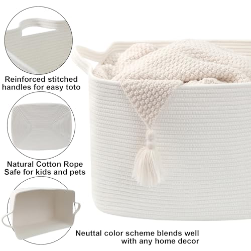 Large Blanket Basket,Woven Rope Basket Storage Bin with Handles,65L Rectangle Laundry Basket for Magazines,Toys,Clothes,Newspaper Shelf Organization,Nursery and Living Room,White - color: White, size: 21"x16"x12"(65L)