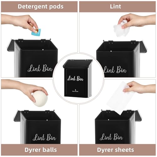 SUBEKYU Metal Magnetic Lint Bin for Laundry Room, Wall Mounted Lint Box Holder Trash Can with Lid for Dryer, Black - color: Black