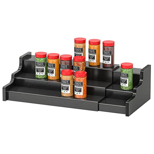 Spice Rack Organizer For Cabinet - 3 Tier Black Bamboo Wooden Expandable Display Shelf from 12.70 to 22.20 inch - color: Black