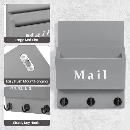 Mail and Key Holder - Decorative 9.8" x 12.5" Wall Key Hanger with 2 Mail Organizer Slots and 3 Hooks - Real Paulownia Wood with Keyhole Brackets, Hardware and Instructions (Gray) - color: Gray