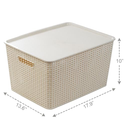 BINO | Plastic Storage Baskets with Lids, 33 Liter - 3 Pack, Natural | THE WOVEN COLLECTION | Storage Basket for Shelves | Woven Storage Baskets for Organizing Bins | Pantry Shelf Organizer Bin - color: Natural, size: 33L | 3-Pack