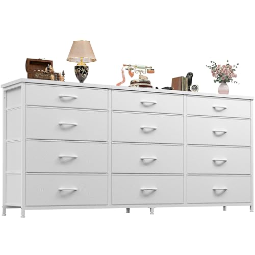 Romorgniz 55" Long Dresser for Bedroom with 12 Fabric Drawers, Entertainment Center for 60 inch TV Dressers & Chests of Drawers Large Organizer, Living Room, Metal Frame, Wood Top, White - color: White