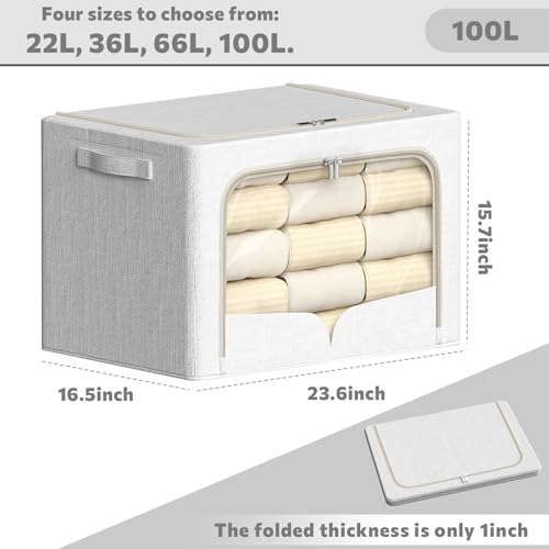FHSQX 3 Pack Clothes Storage Bins Foldable Metal Frame Storage Box Stackable Linen Fabric Container Organizer Set with Carrying Handles and Clear Window (Cream White, 23.6x16.5x15.7inch(100L)) - color: Cream White, size: 23.6x16.5x15.7inch(100L)