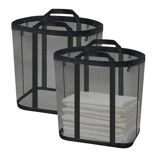 Mesh Laundry Basket, Hanging Laundry Hamper for Wall Door with Handles, Breathable Foldable Beach Bag Space-saving Travel Tote (2Pack, Black) - color: Black