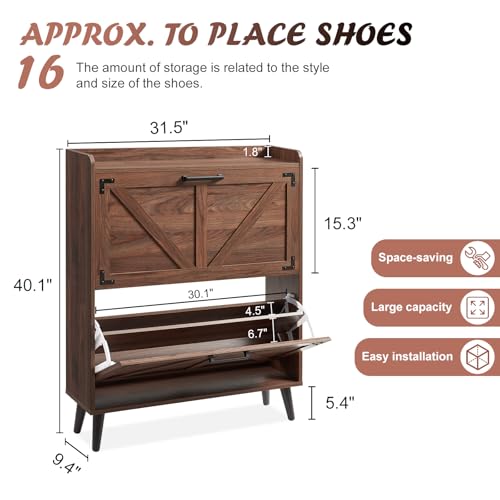 Barnyatoh Shoe Storage Cabinet with 2 Flip Drawers, Farmhouse Hidden Shoe Organizer, Narrow Slim Shoe Rack Cabinet for Entryway Hallway,Walnut - color: Walnut