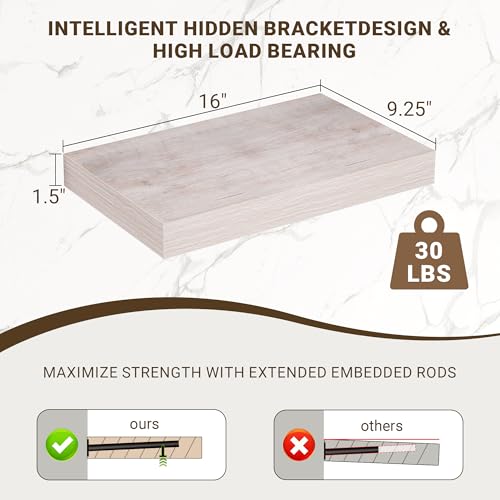 Acovy 16 Inch Floating Shelves, 3D Textured Wood Grain, 16"x9.25"x1.5" Inch Deep Floating Shelves for Wall, Wooden Shelves for Bathroom, Bedroom, Living Room, Washed White, 2 Pieces - color: Washed White, size: 16"x9.25"-2pcs