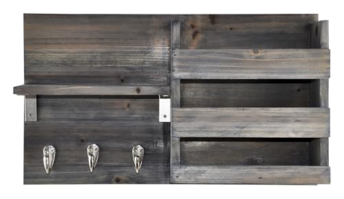 Spiretro Wall-Mounted Key Holder Hooks - Rustic Wood Weathered Grey & Black - Entryway Organizer for Mail, Leashes, and Purses - Floating Shelf, 16.5” W x 9.75" H x 4.5” D - color: Weathered Grey & Black Organizer & Wood Shelf
