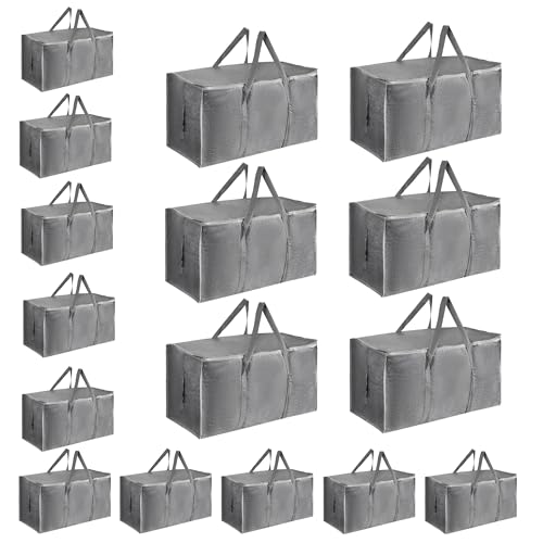 16 Pack-Extra Large Heavy Duty Moving Bags - Waterproof Storage Totes with Handles & Zippers, Foldable for College Dorm, Storage (Gray) - color: Gray, size: 16