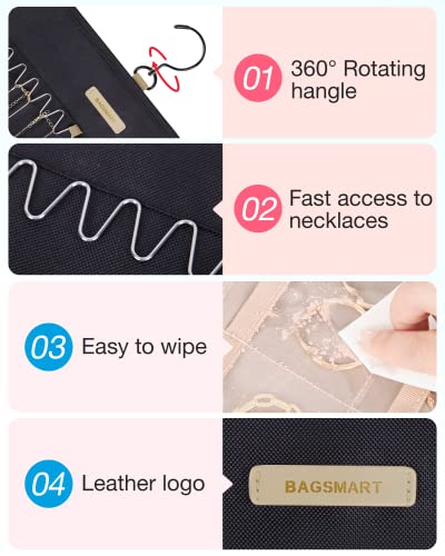 BAGSMART Hanging Jewelry Organizer Storage Roll with Hanger Metal Hooks Double-Sided Jewelry Holder for Earrings, Necklaces, Rings on Closet, Wall, Door, 1 piece, Large, Black - color: Black, size: L