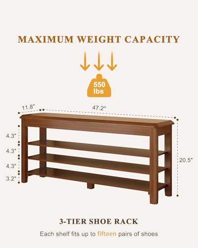 IUNVR Shoe Rack Bench Seat Rubberwood 3-Tier Wooden Storage Bench 550lbs Compact Mid-Century Modern Design for Entryway, Hallway, Closet, Front Door Entrance, Foyer - color: Walnut-3 Tier(wood), size: 47.2"W x 11.8"D x 20.5"H