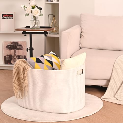 ICERZCZ White Laundry Basket, Blanket Baskets for Living Room, Cotton Rope Baskets for Storage, Woven Basket for Blankets, Toys, Clothes, Shoes, White, 25”x16”x16” (105L) - color: White, size: 25”x16”x16”