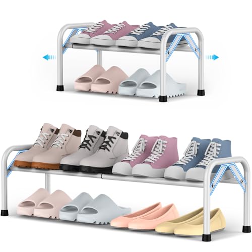 YEASHEIN 1-Tier Expandable Shoe Rack for Closet Floor, Λ-Frame Metal Small Shoe Rack for Entryway, Adjustable Shoe Shelf Organizer, Free Standing Shoe Racks for Front Door Entrance, Garage - White - color: White, size: 1 Tier