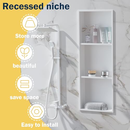 Stainless Steel Recessed Shower Caddy ，Organizer Storage for Room,Bathroom Insert Shelf with Three-Tier Shelves，Matte White （ 36" X 12"） - color: White, size: 36 * 12 in