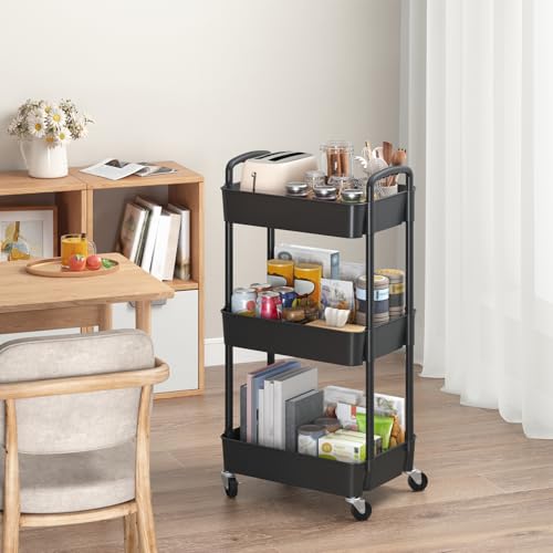 Sywhitta 3-Tier Plastic Rolling Utility Cart with Handle, Multi-Functional Storage Trolley for Office, Living Room, Kitchen, Movable Storage Organizer with Wheels, Black - color: Black, size: 3-tier