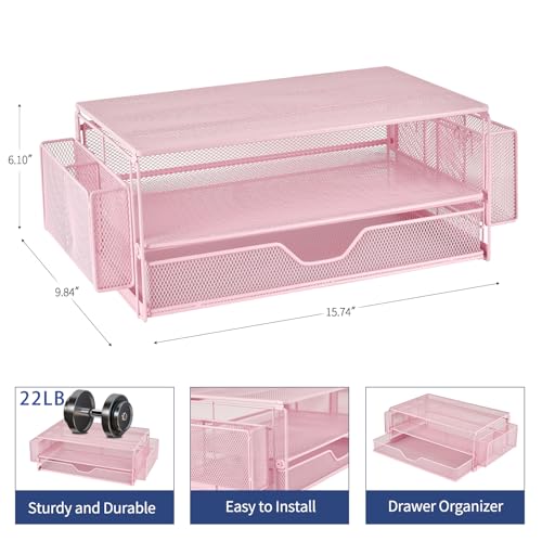 AUPSEN Computer Monitor Stands Riser，2-Tier Desk Organizers and Accessories, Office Desk Accessories Organizer with Drawers and 2 Pen Holder for Office Supplies (Pink) - color: Pink Metal