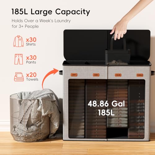 Laundry Hamper 4-Section with Lid, 185L Laundry Sorter with 4 Removable Bags + 1 Extra Large Bag, Switchable 3/4 Compartment, Laundry Basket Organizer for Bedroom, Laundry Room，Grey - color: Grey, size: 185L - 4 Section
