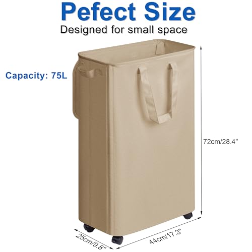 Vincona Slim Laundry Hamper with Lid and Wheels, Small Rolling Laundry Basket with Handle for Small Spaces, Tall Dirty Clothes Hampers for Dorm, Bathroom and Bedroom, 75L, Oatmeal - color: Oatmeal, size: 75L