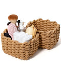 Small Macrame Woven Storage Baskets 2 Pack – Boho Cotton Rope Bins for Bathroom, Bedroom, Desk & Vanity Organizer – Khaki & Khaki, 7x5.5x5 Inches - color: Khaki & Khaki
