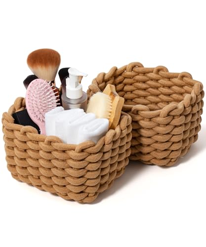 Small Macrame Woven Storage Baskets 2 Pack – Boho Cotton Rope Bins for Bathroom, Bedroom, Desk & Vanity Organizer – Khaki & Khaki, 7x5.5x5 Inches - color: Khaki & Khaki