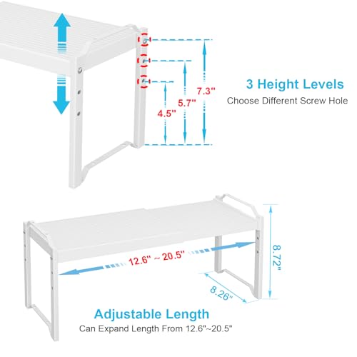 X-cosrack 2 Pack Expandable Kitchen Cabinet Shelf Organizer, Stackable Adjustable Storage Shelves for Pantry Cupboard Kitchen Counter, 20LBS Loading Capacity, Size: W*D*H=20.5 * 8.26" * 8.72" - color: White, size: 2 Pack: 12.6"-20.5"L (Material: Metal and