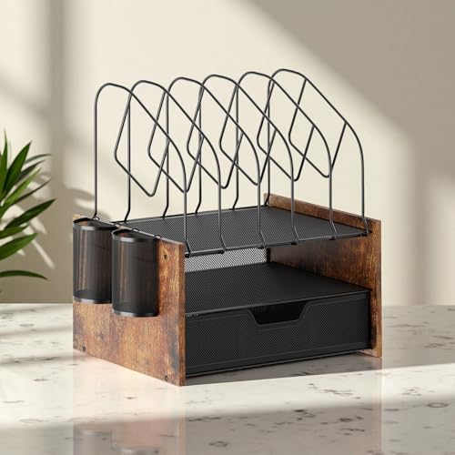 Wood Desk Organizer - 2-Tier Desktop File Organizer with Drawer with Vertical File Holder, Wooden Paper Tray, Office Desk Organzier and Accessories for Papers, Mail, Notebooks, Stationery - size: 2 Tier Drawer with Vertical File Holder