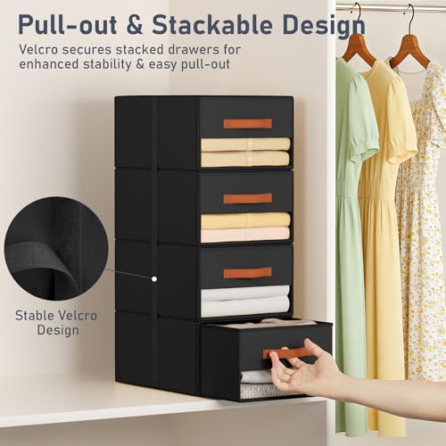 DIMJ Closet Organizers and Storage - Fabric Bins with Drawers for Closet Foldable Clothes Organizers with Clear Window, Stackable Storage Drawers Units for Bedroom, Living Room, Medium 6-Pack, Black - color: Black, size: Medium - 6 Pack