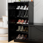 GOODONE 52" Farmhouse Shoe Cabinet with Bench, L-Shaped Shoe Storage Bench with Umbrella Stands, Tall Shoe Organizer Cabinet with Adjustable Shelves for Entryway, Living Room, and Stairwell(Black) - color: Black