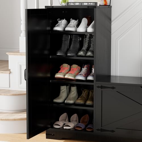 GOODONE 52" Farmhouse Shoe Cabinet with Bench, L-Shaped Shoe Storage Bench with Umbrella Stands, Tall Shoe Organizer Cabinet with Adjustable Shelves for Entryway, Living Room, and Stairwell(Black) - color: Black