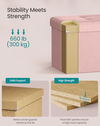 SONGMICS Mazie Collection - 43 Inches Storage Ottoman, Foldable Storage Bench with Flipping Lid, 660 lb Load Capacity, for Entryway, Living Room, Bedroom, Velvet Fabric, Jelly Pink ULSF078SA01 - color: Jelly Pink, size: 15"D x 43"W x 15"H