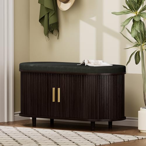 DHH 2-Tier Storage Bench,Wide Shoe Bench with Thickened Padded Seat Cushion, Mid Century Modern Fluted Sliding Door and Adjustable Shelf, for Entryway, Living Room, Bedroom (Dark Walnut, 35.4“) - color: Dark Walnut, size: 35.4 inch