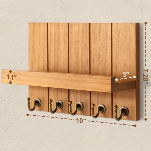 Rebee Vision Farmhouse Key Holder for Wall - Decorative Wall Shelf with Key Hooks & Mail Organizer Wall Mount for Apartment Essentials - Rustic Living Room Decor (Light Brown, 3.54"D x 10"W x 7.28"H) - color: Light Brown, size: 10 Inch