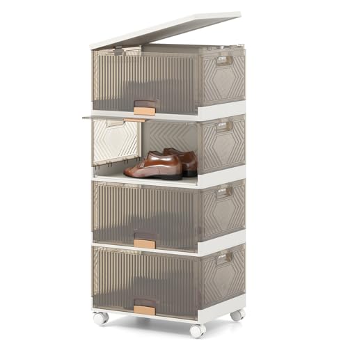 Giantex 4 Tier Stackable Storage Bins with Lids, 18 GalFoldable Shoe Storage Box with Detachable Wheels & Flip-Up Doors, Collapsible Closet Organizers and Storage Bins - size: 18Gal-4Pack
