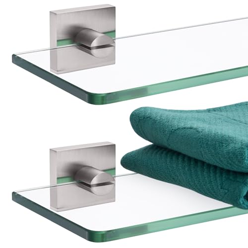 KOKOSIRI Glass Shelf for Bathrooms Floating Shelves Wall Mount 16-Inch for Shower Storage Kitchen Rack, 2 Pack Brushed Stainless Steel B1107BR-L16-P2 - color: Brushed Nickel, size: 16-Inch(2 Pack)