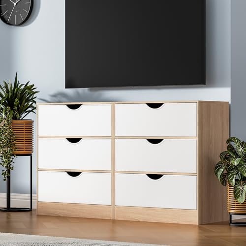 Housoul 3 Drawers Dresser (Set of 2) for Bedroom with Fabric PU Drawer, Wood Frame Dresser with Large Organizer, Chest of Drawers for Closet, Living Room, Hallway, Oak and White - color: Oak & White, size: 15.6"D x 27"W x 32"H (6 Drawers)